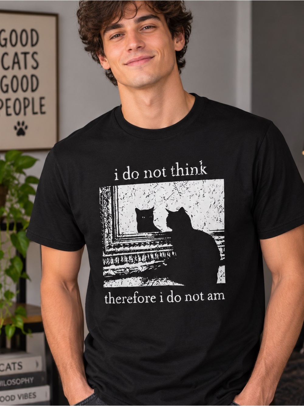 Cat Existential Meme Black Graphic T-Shirt New